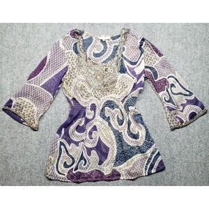 Solitaire Womens Blouse L Purple Paisley Beaded Embellished 3/4 Sleeve Sheer Top
